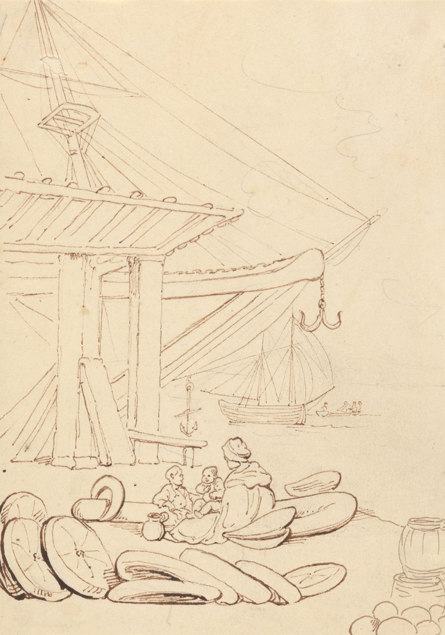 Boceto de una mujer y unos niños sentados en un muelle de embarque de Thomas Rowlandson