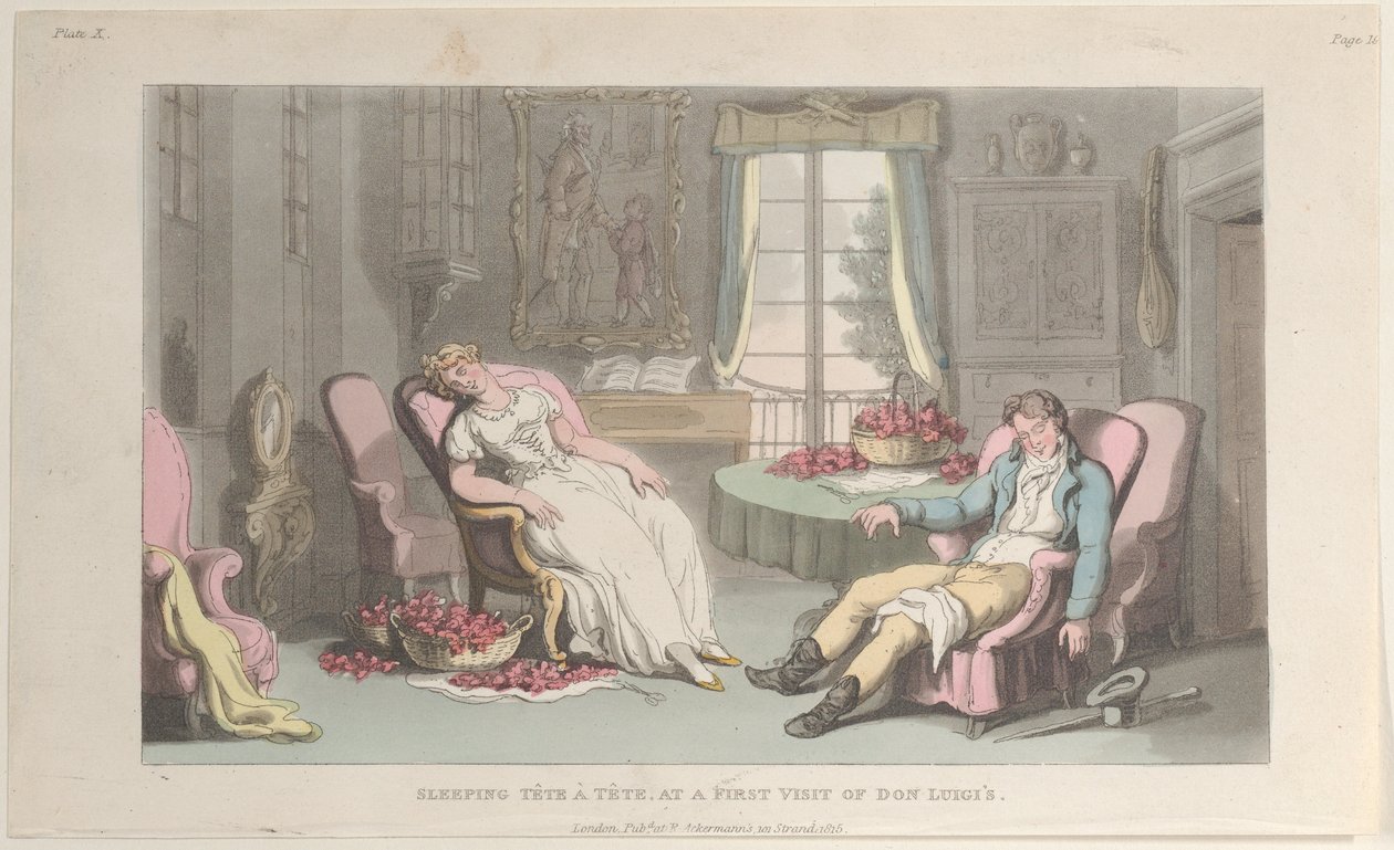 Durmiendo Tête à Tête, en una Primera Visita de Don Luigi, de Nápoles y la Campaña, 1 de junio de 1815 de Thomas Rowlandson