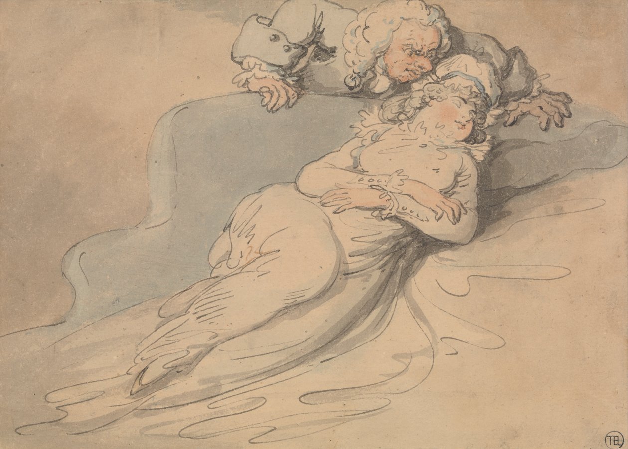 Mujer dormida vigilada por un hombre de Thomas Rowlandson