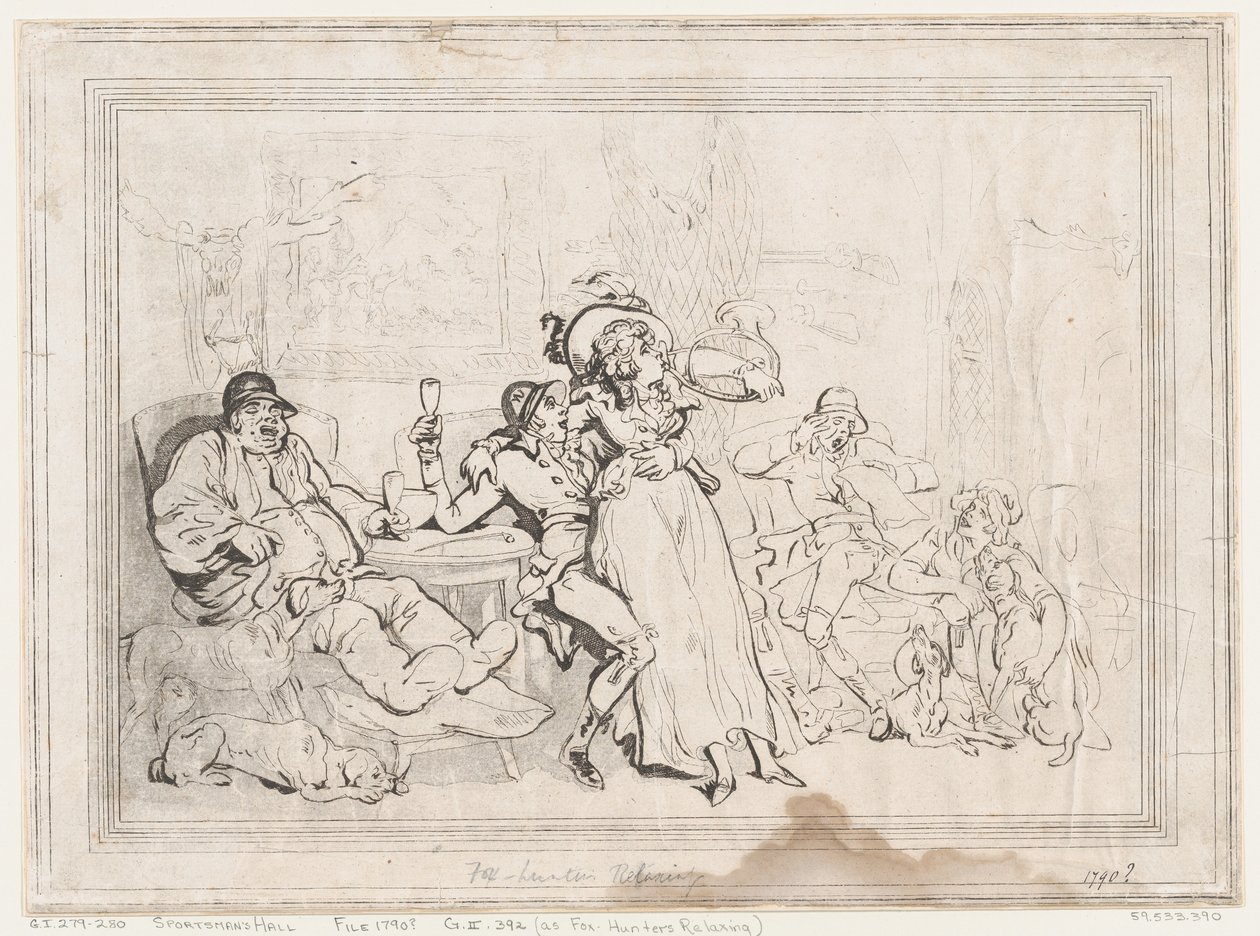 El salón de los cazadores, o Los cazadores de zorros descansando de Thomas Rowlandson