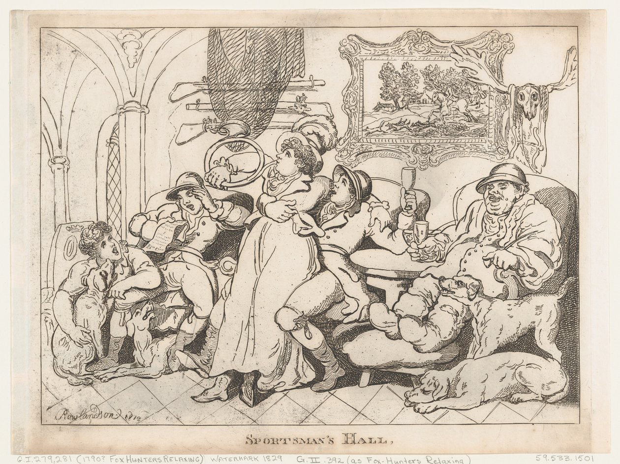 El salón de los cazadores, o Los cazadores de zorros descansando de Thomas Rowlandson