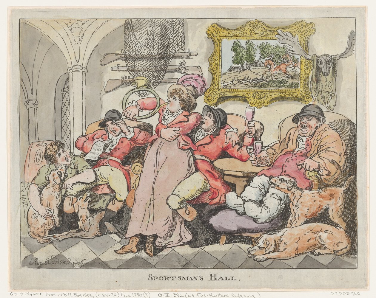 Salón del Deportista, o Cazadores de Zorros Relajándose, 1806 de Thomas Rowlandson