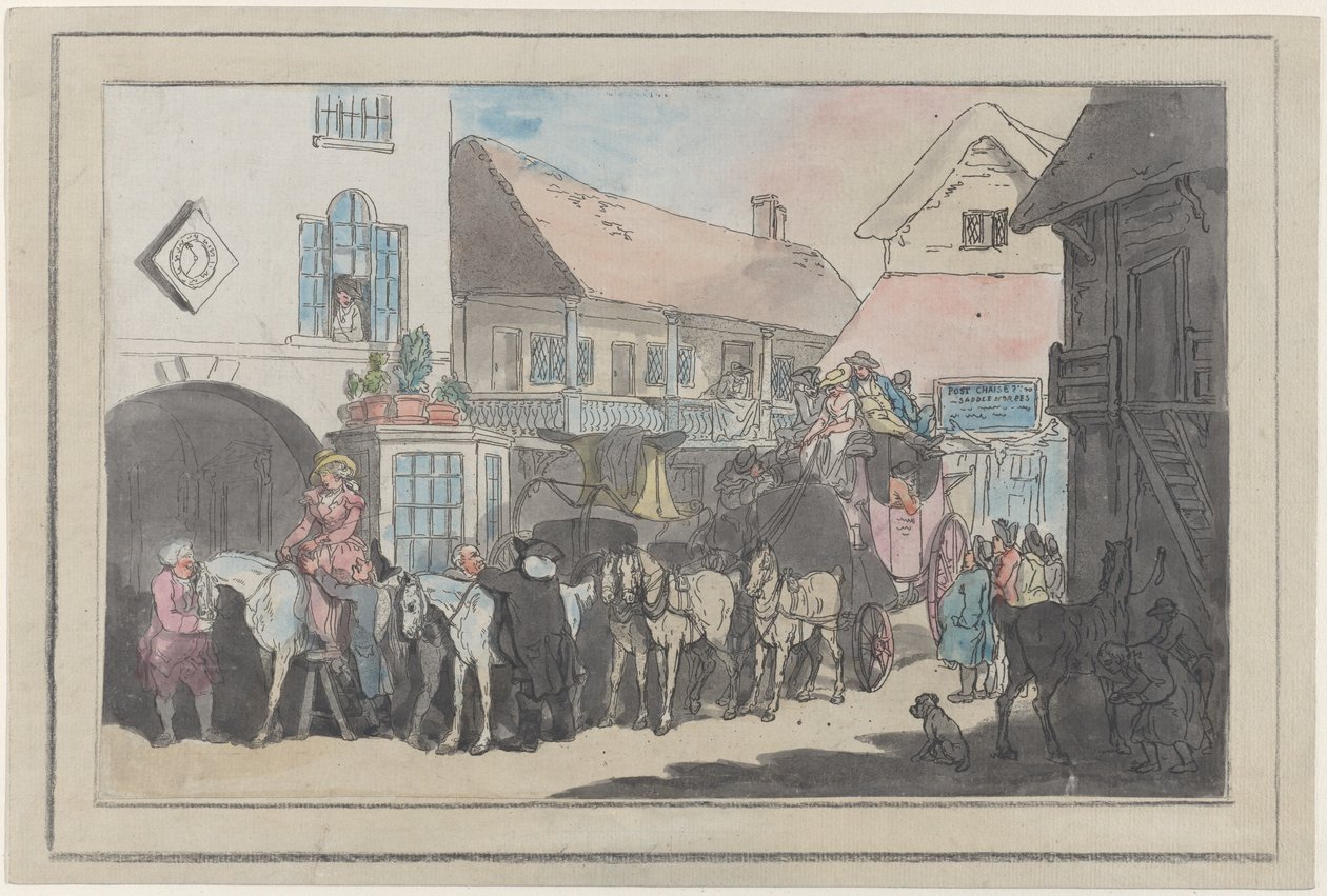Carruaje y jinetes en el patio de una posada, preparándose para partir de Thomas Rowlandson