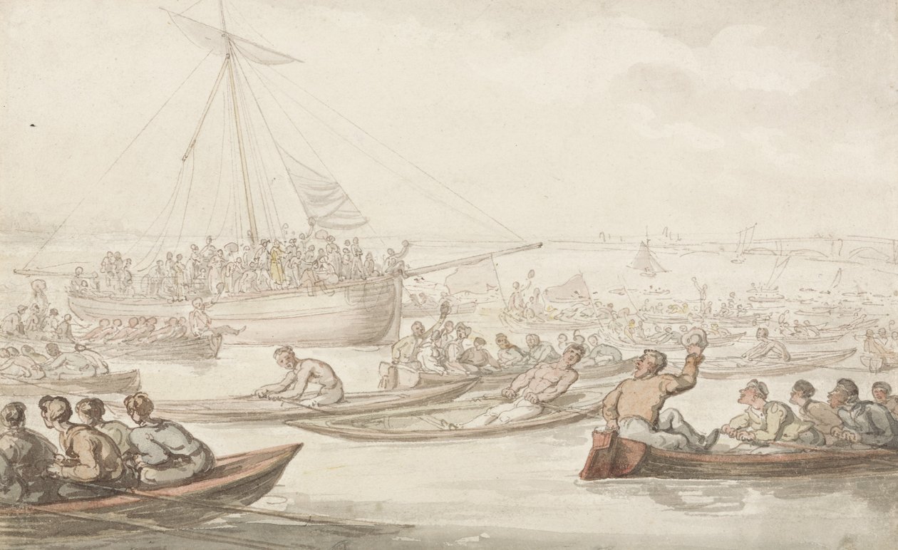 La carrera anual de remo por el abrigo y la insignia de Doggett, c.1805-10 de Thomas Rowlandson