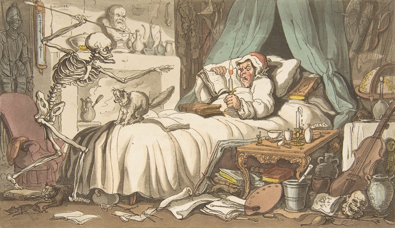 El último testamento del anticuario, La danza de la muerte inglesa, placa 2, abril 1, 1814 de Thomas Rowlandson