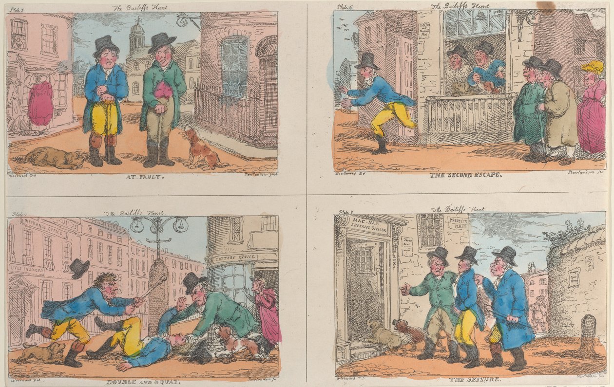 La caza del alguacil: En falta, La segunda fuga, Doble y Cuclillas, y La captura de Thomas Rowlandson