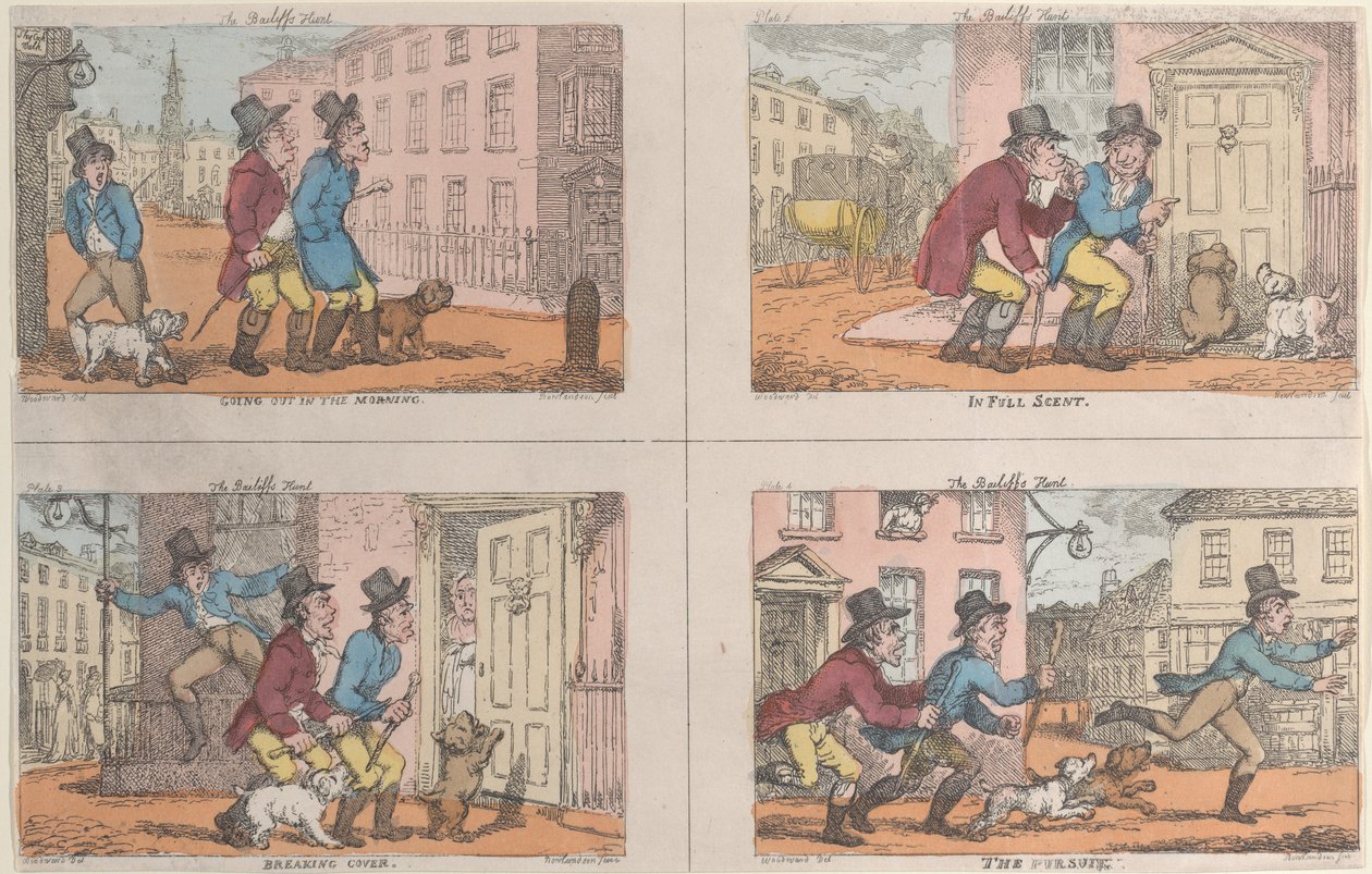 La caza del alguacil: saliendo por la mañana, en pleno aroma, rompiendo la cobertura, 1809 de Thomas Rowlandson