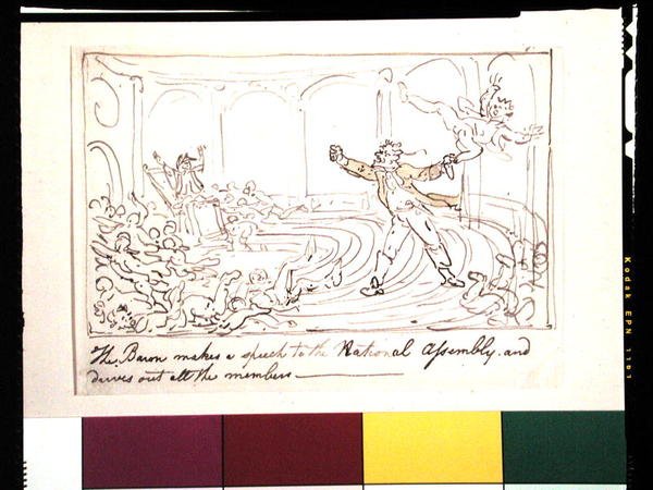 El barón da un discurso a la Asamblea Nacional y expulsa a todos los miembros de Thomas Rowlandson