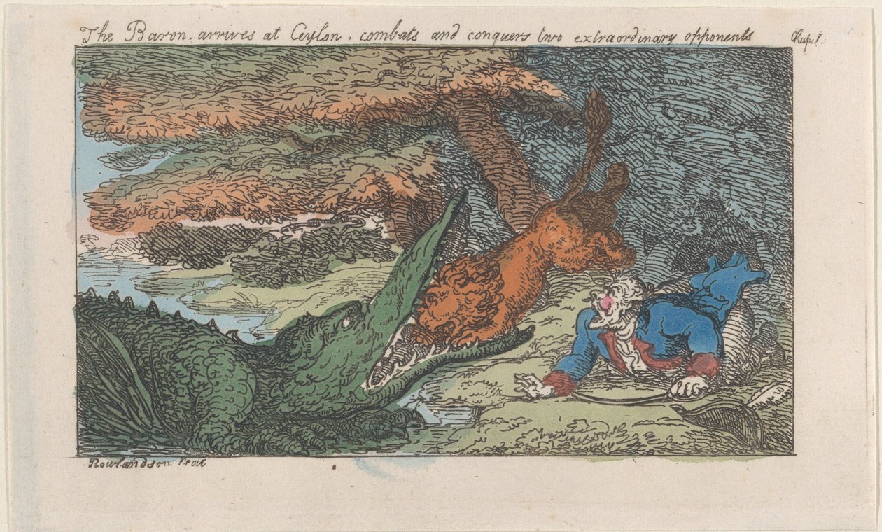 El barón llega a Ceilán, combate y conquista dos oponentes extraordinarios de Thomas Rowlandson