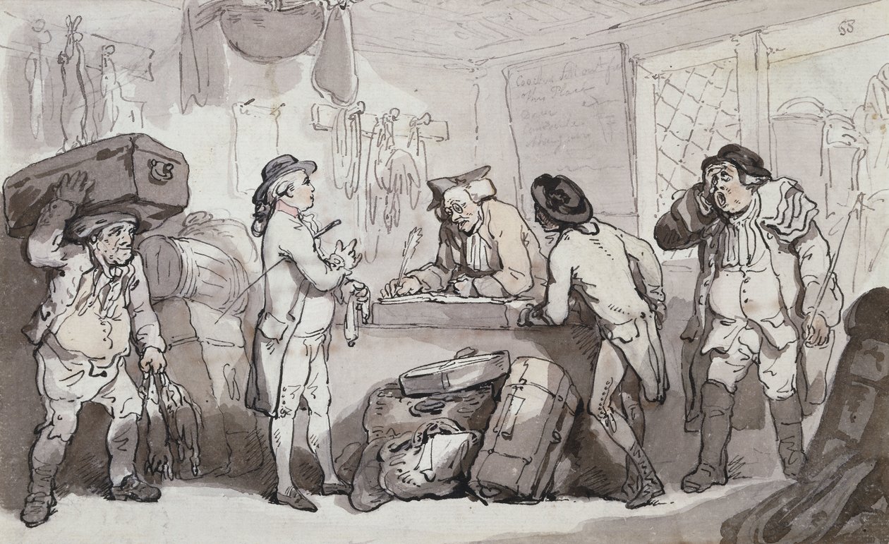 La oficina de reservas de coches: Thomas Rowlandson y Henry Wigstead reservando su pasaje de Thomas Rowlandson