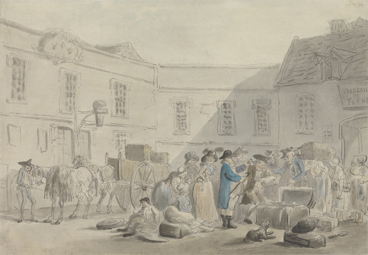 La aduana en Boulogne - reverso: boceto en grafito de caballos, carruajes y edificios de Thomas Rowlandson