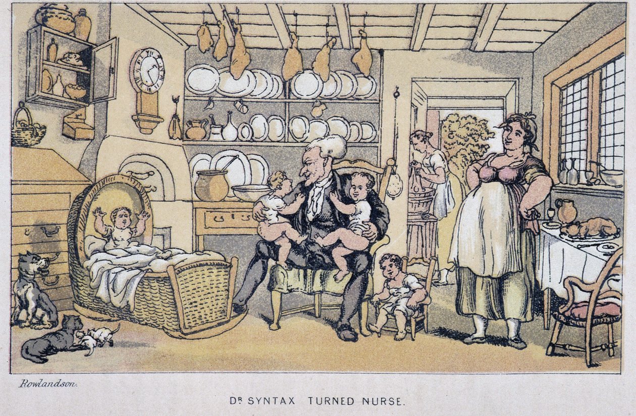 El Doctor cuidando niños - en “Los tres viajes del Doctor Syntax: en busca del pintoresco consuelo y una esposa” de William Combe, ill. Rowlandson de Thomas Rowlandson