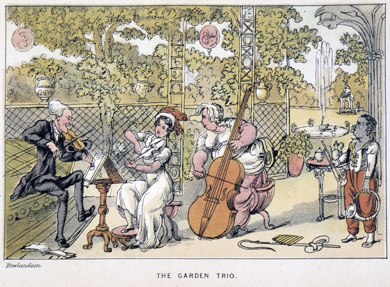 El Doctor tocando el violín: “El trío del jardín” - en “Los tres viajes del Doctor Syntax: en busca del pintoresco consuelo y una esposa” de William Combe, ill. Rowlandson de Thomas Rowlandson