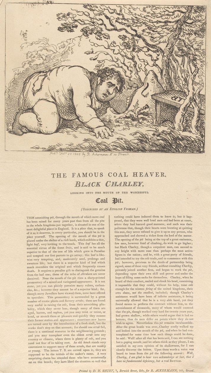 El famoso cargador de carbón, Black Charley, asomándose a la boca de la maravillosa mina de carbón de Thomas Rowlandson