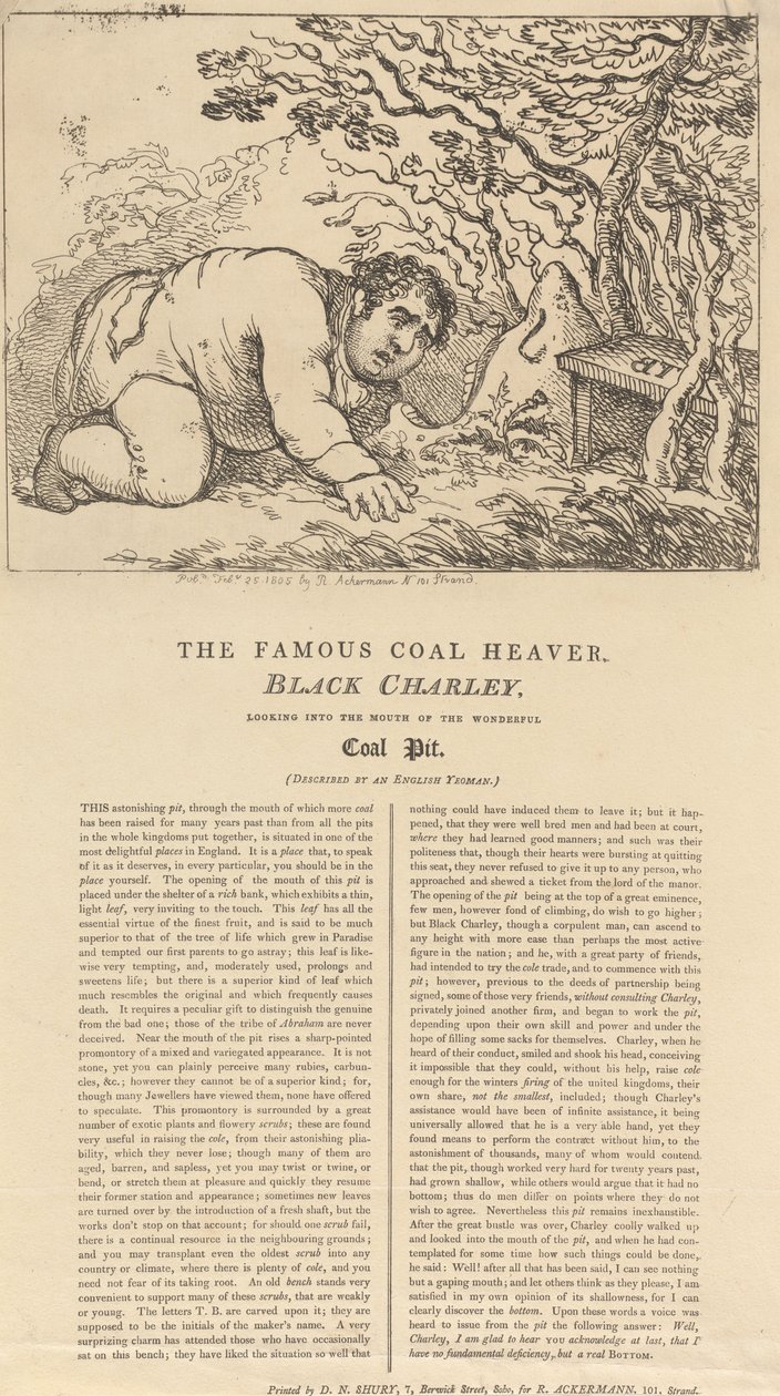 El famoso cargador de carbón, Black Charley, asomándose a la boca de la maravillosa mina de carbón de Thomas Rowlandson