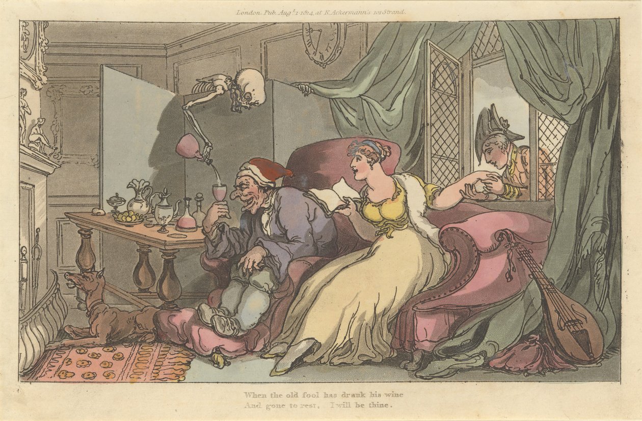 La luna de miel La danza inglesa de la muerte, placa 13, 1 de agosto de 1814 de Thomas Rowlandson