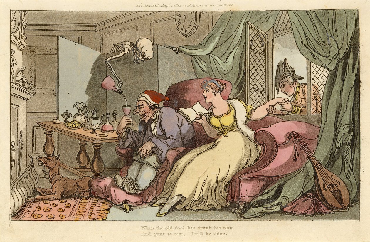 La Luna de Miel, de La Danza de la Muerte Inglesa, pub. 1816 (grabado coloreado a mano) de Thomas Rowlandson