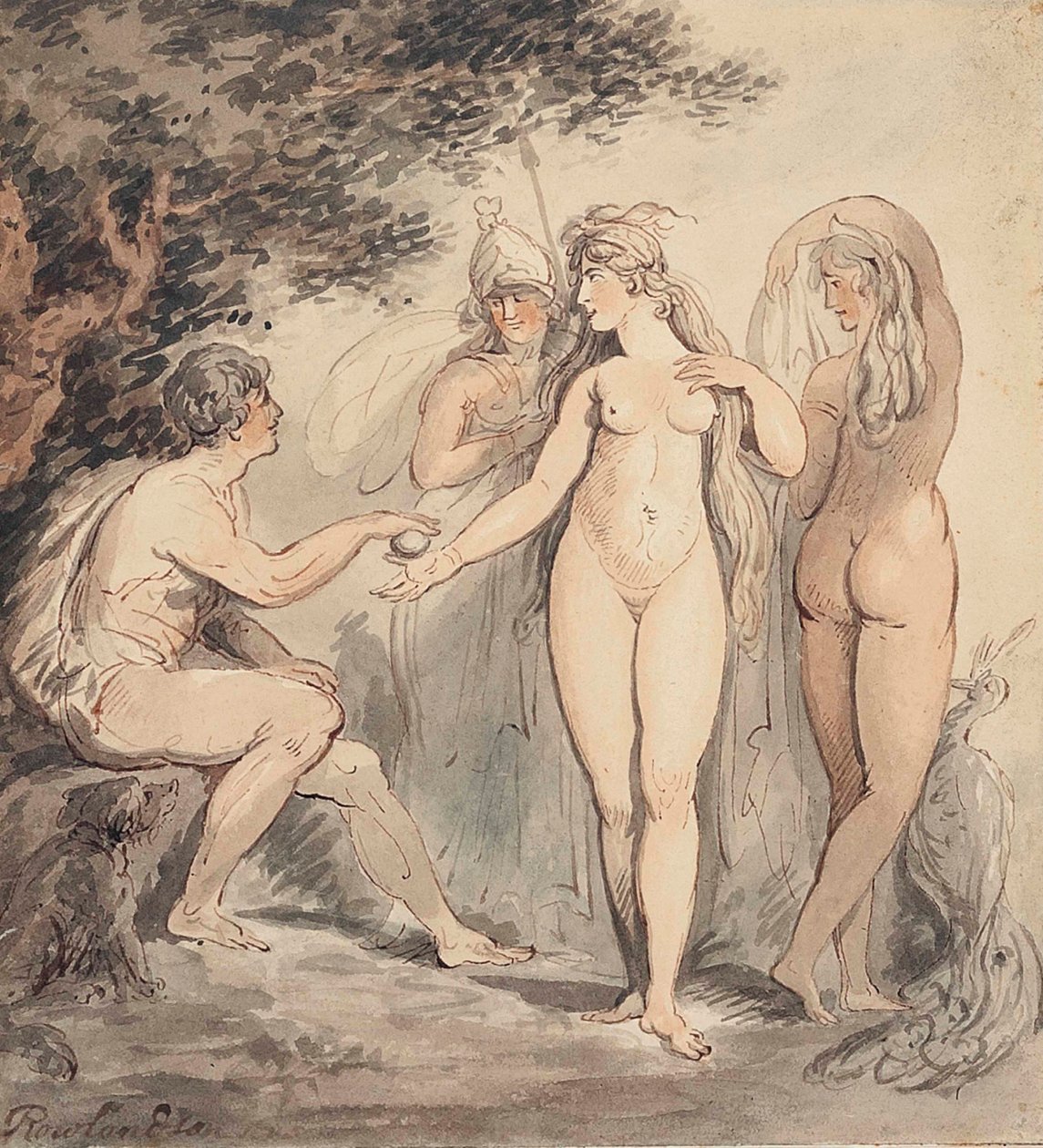 El Juicio de París, firmado "Rowlandson" (abajo a la izquierda) pluma y tinta marrón y acuarela, 7 ¼ x 6 ¾ pulg. (18,4 x 17,2 cm.) de Thomas Rowlandson