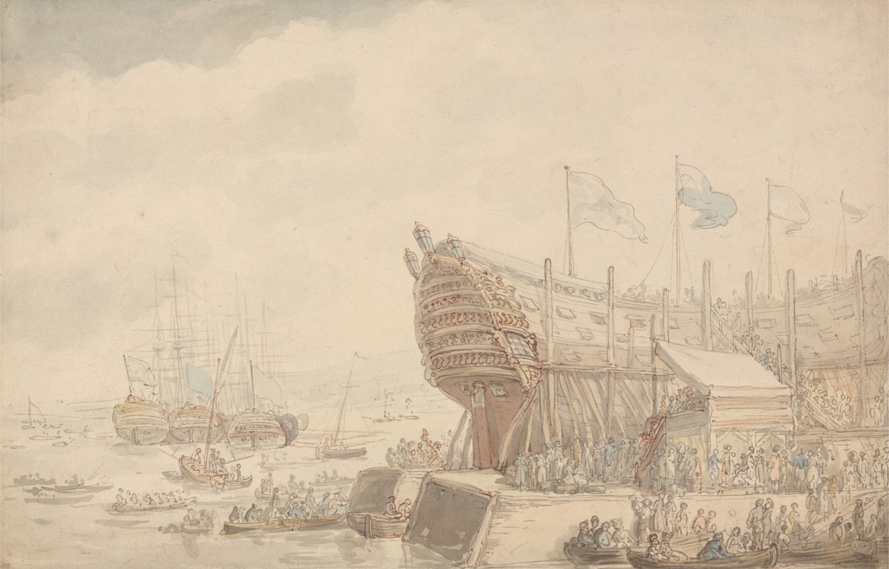 La botadura del H.M.S. «Hibernia» en 1804 de Thomas Rowlandson