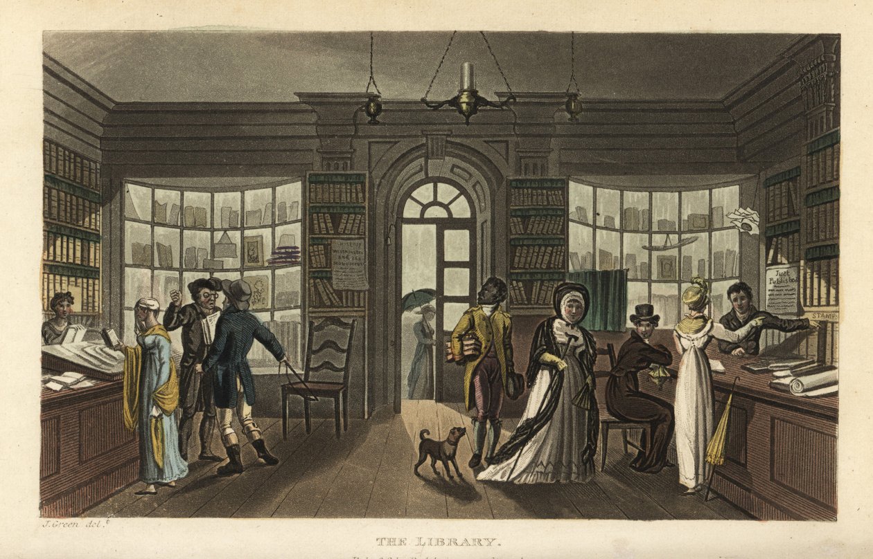 La Biblioteca. Clientes, incluida una mujer y su sirviente negro, mirando nuevos libros en una biblioteca circulante (quizás Ainsworth