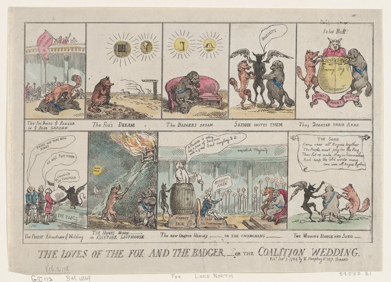 Los amores del zorro y el tejón, o la boda de la coalición, 7 de enero de 1784 de Thomas Rowlandson