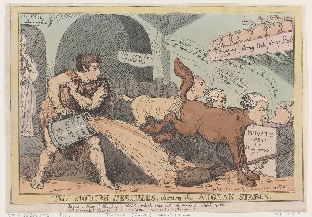El Hércules Moderno, limpiando el establo de Augías, 23 de abril de 1805 de Thomas Rowlandson