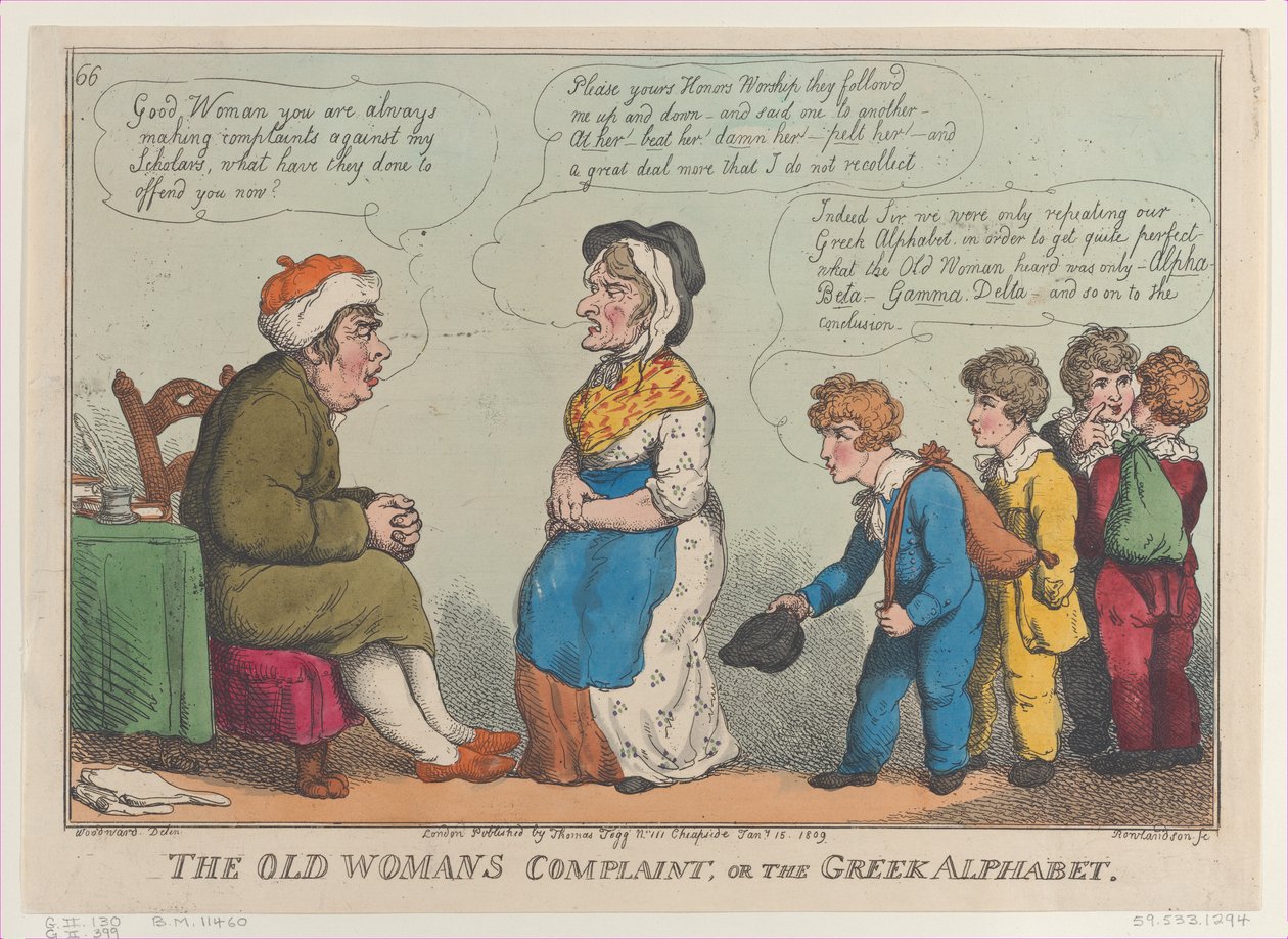 La queja de la anciana, o el alfabeto griego, 15 de enero de 1809 de Thomas Rowlandson