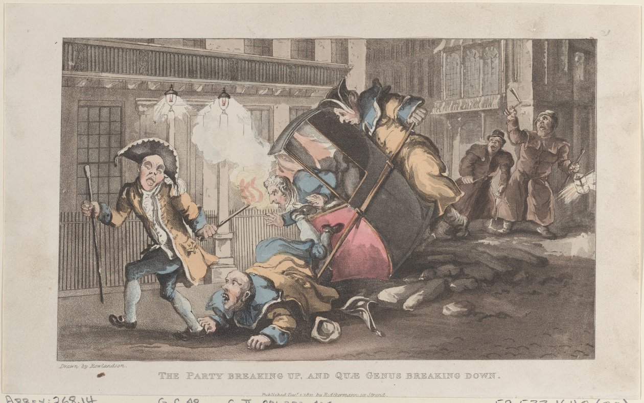 La fiesta se disuelve, y Quae Genus se desmorona, de La historia de John, 1 de diciembre de 1821 de Thomas Rowlandson