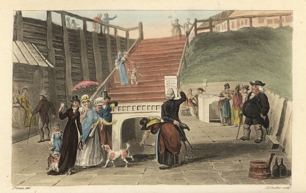 Los pozos del spa: turistas bebiendo el agua del spa de los pozos en Scarborough Spaw. Grabado en cobre coloreado a mano por Thomas Rowlandson, aguafuerte por J. C. Stadler, basado en un boceto de J. Green de Poetical Sketches of Scarborough, Ackermann, Lo de Thomas Rowlandson