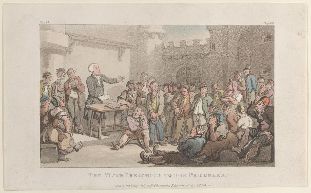 El vicario predicando a los prisioneros, de El vicario de Wakefield, 1 de mayo de 1817 de Thomas Rowlandson