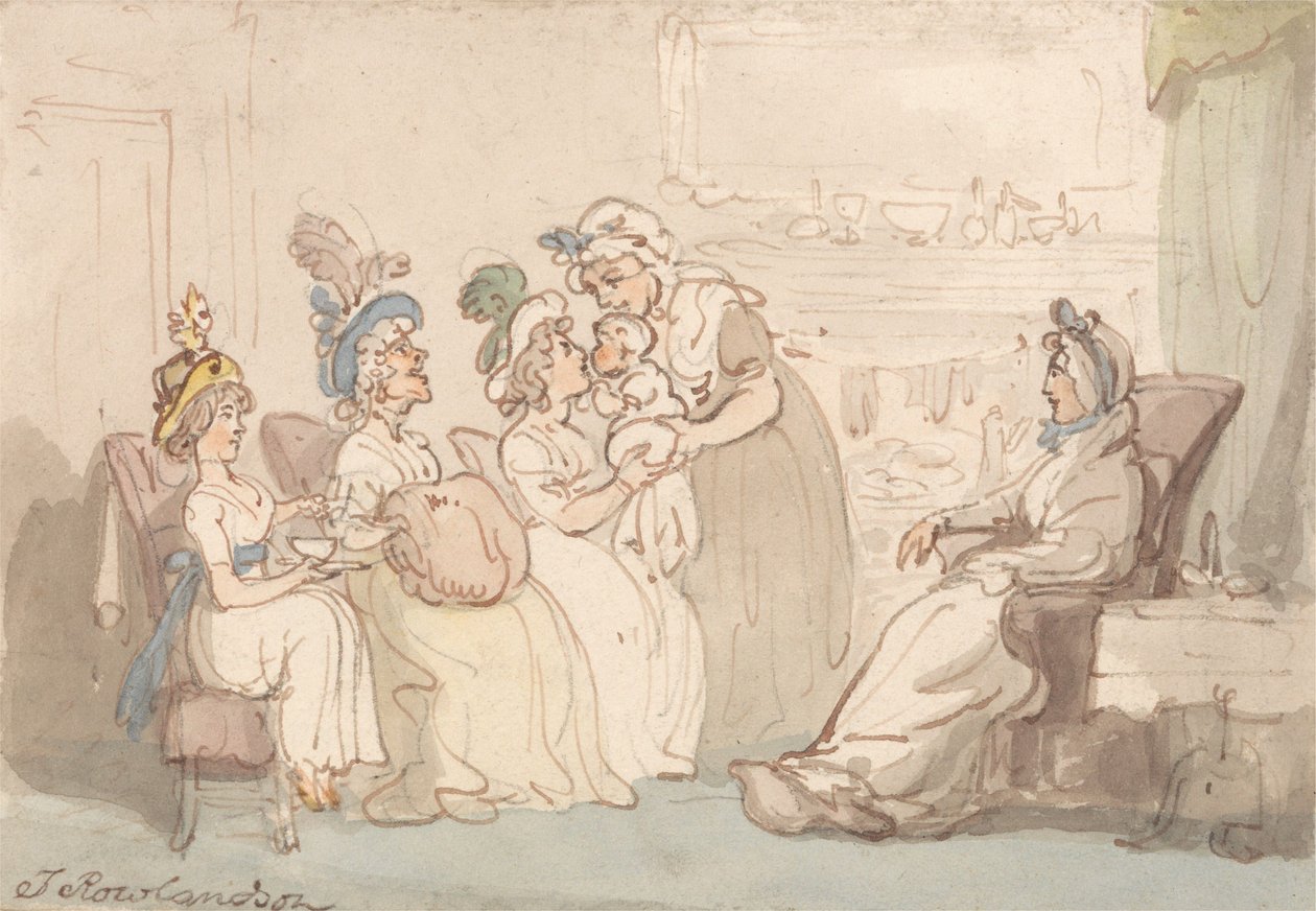 A los visitantes les enseñan al bebé de Thomas Rowlandson