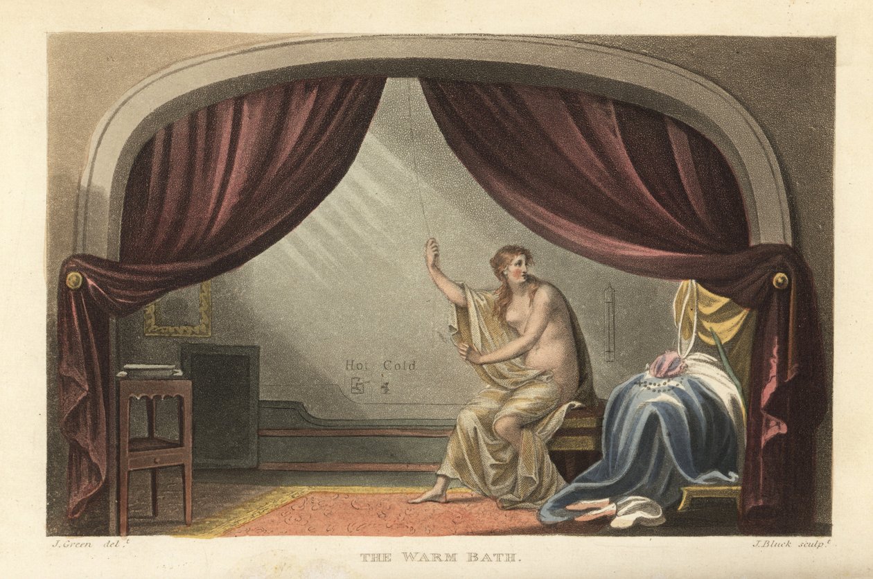 El Baño Caliente: mujer desnuda tomando un baño detrás de cortinas en una habitación de la Regencia de Thomas Rowlandson