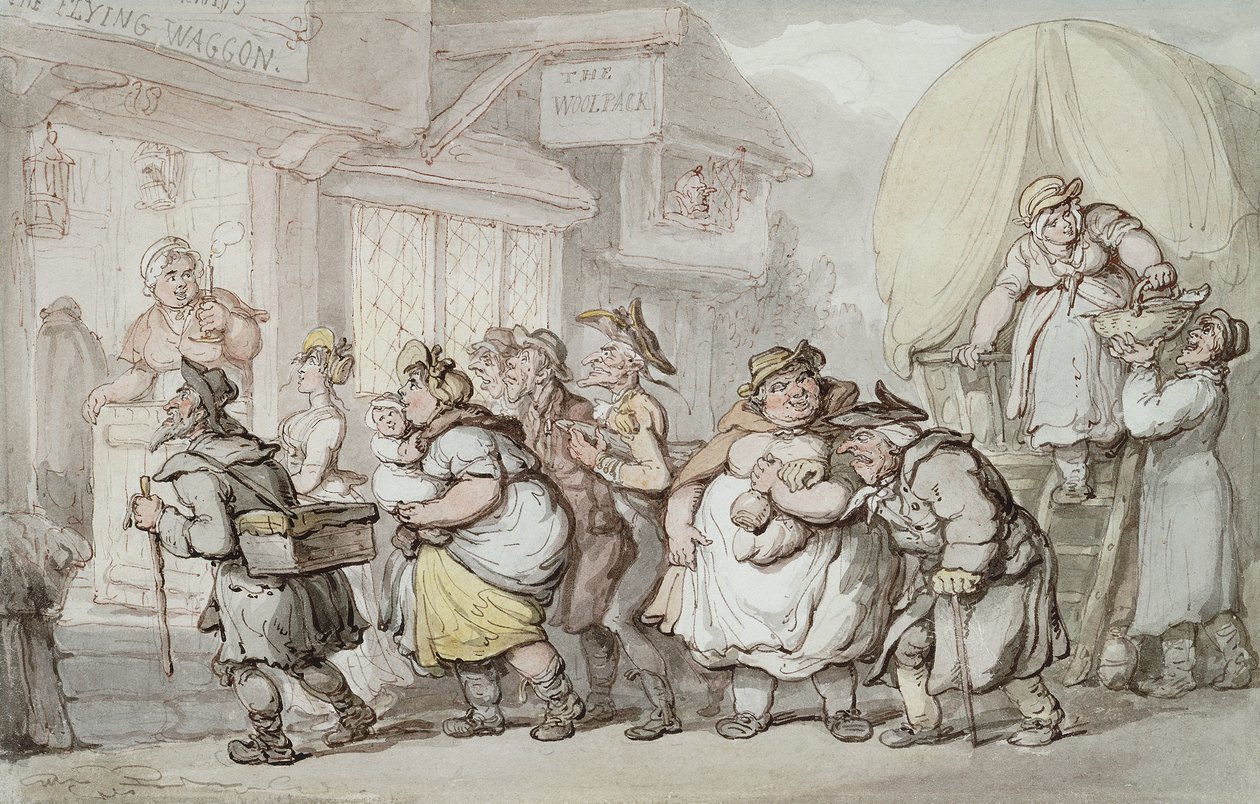 La posada Woolpack: Llegada de "El carro volador" de Thomas Rowlandson