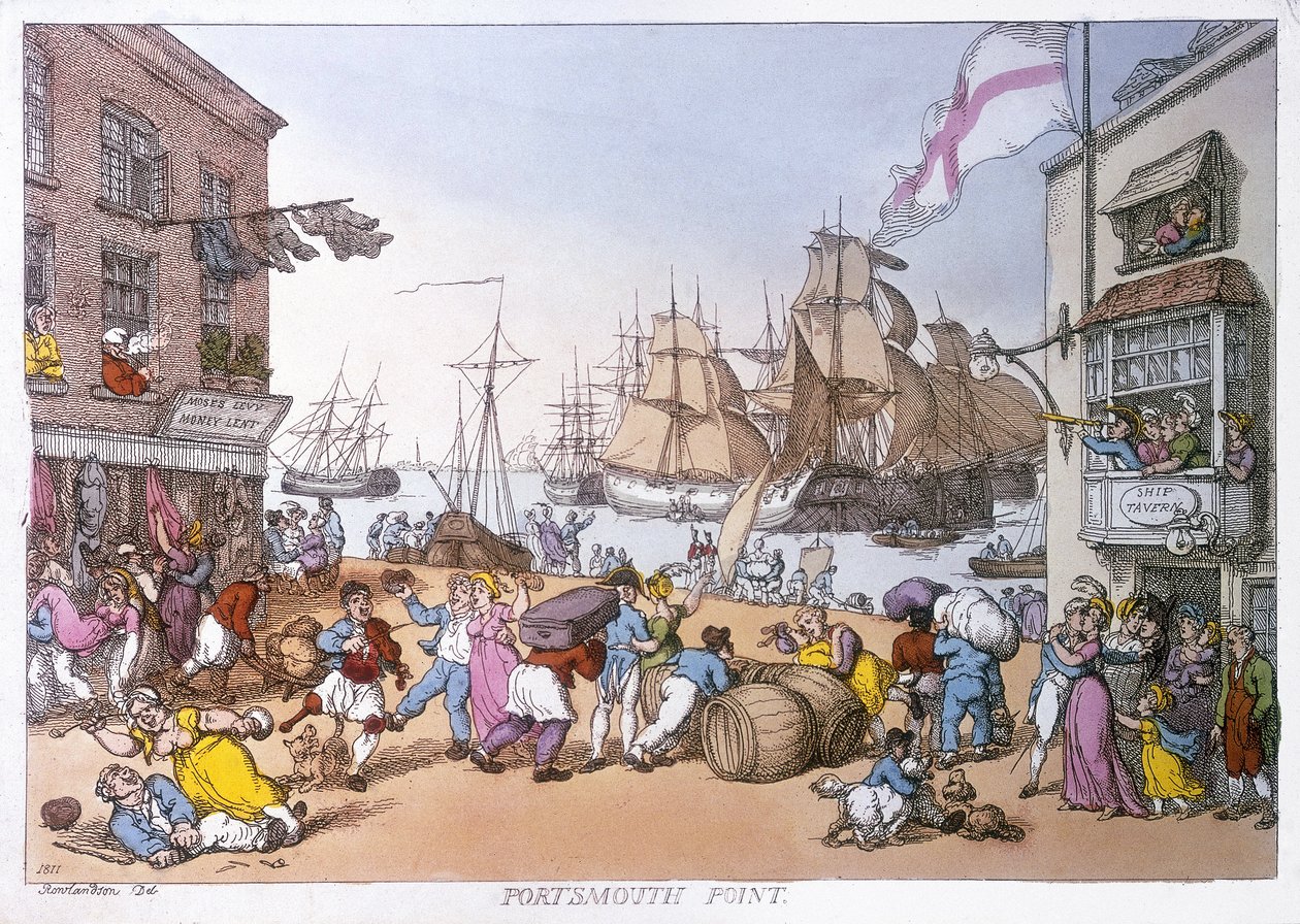 El distrito de Portsmouth, caricatura que describe las actividades de este puerto inglés de Thomas Rowlandson