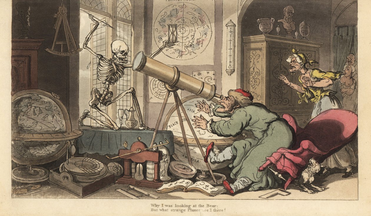 La muerte aparece ante el telescopio del viejo astrónomo, haciéndolo caer de su silla. Grabado en cobre coloreado a mano dibujado y grabado por Thomas Rowlandson de The English Dance of Death de Thomas Rowlandson