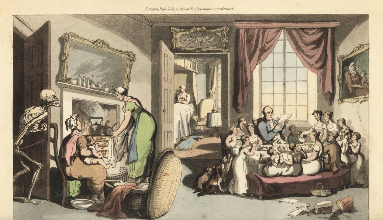 El esqueleto de la Muerte aparece en la sala de estar de una gran familia para llevarse a un niño o bebé recién nacido de Thomas Rowlandson