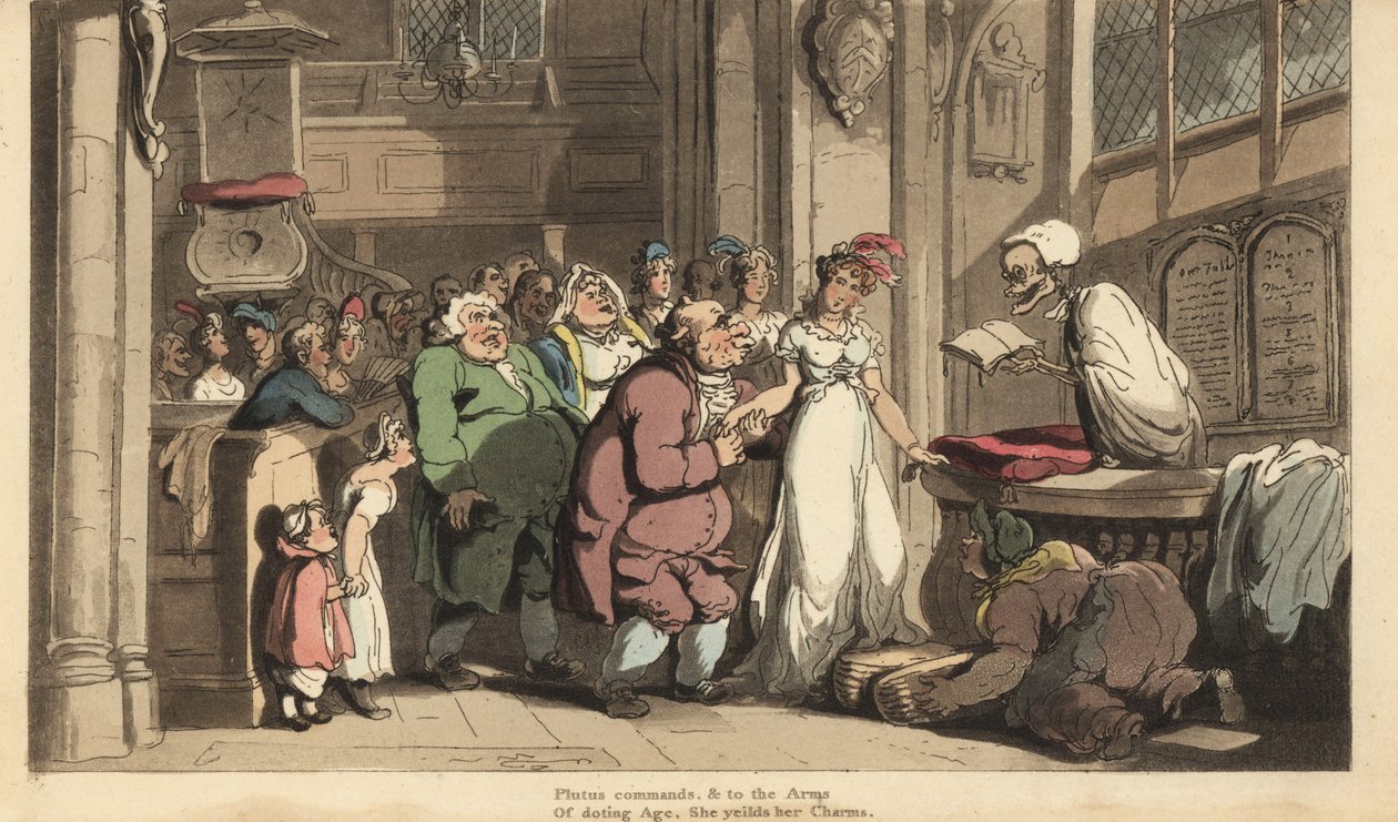 El esqueleto de la Muerte como sacerdote celebrando la boda entre una joven y un viejo feo. Grabado en cobre coloreado a mano dibujado y grabado por Thomas Rowlandson de The English Dance of Death, Ackermann, Londres de Thomas Rowlandson