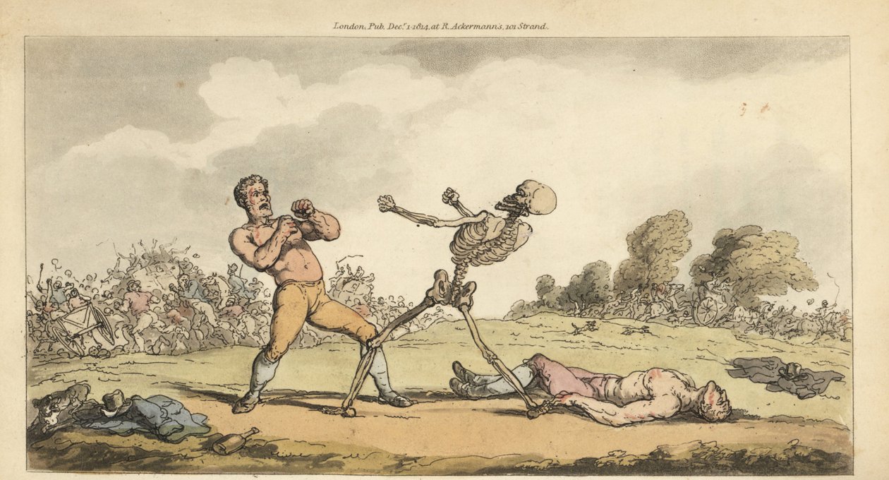 El esqueleto de la Muerte boxea con un boxeador de puño limpio mientras otro boxeador yace en el suelo y la multitud huye aterrorizada. Grabado en cobre coloreado a mano dibujado y grabado por Thomas Rowlandson del libro The English Dance of Death, Ackerma de Thomas Rowlandson