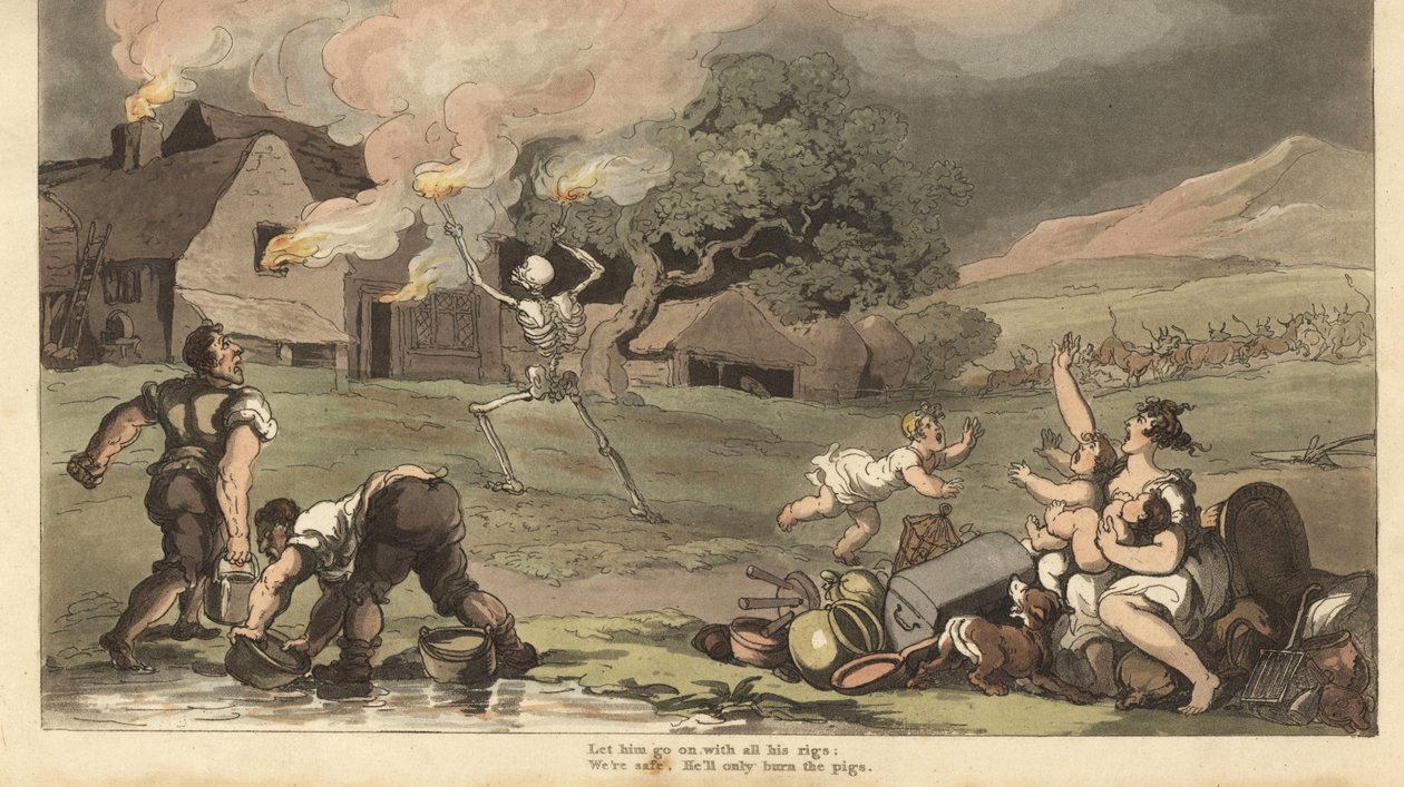 La muerte quema una casa con antorchas mientras una familia intenta salvar sus tesoros (grabado de Thomas Rowlandson) de Thomas Rowlandson