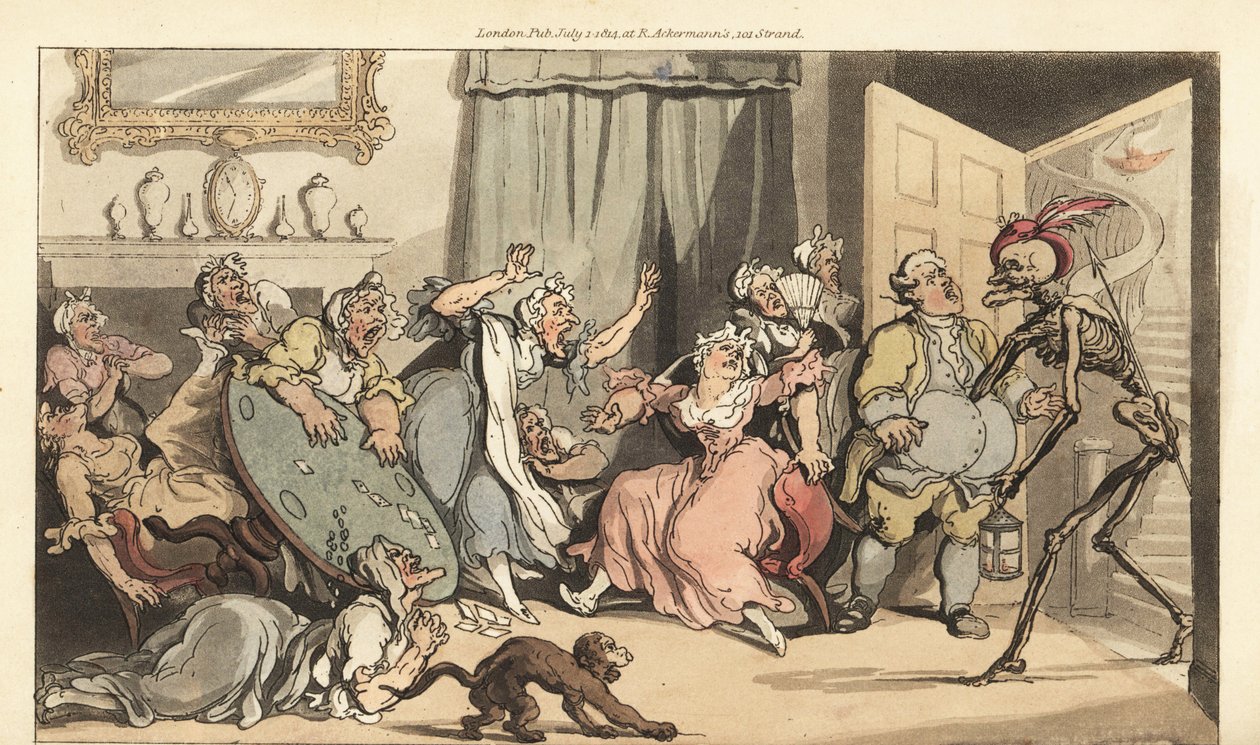 El esqueleto de la Muerte viene por la señorita Mostaza, una de las viejas damas solteras jugando a las cartas en un salón de Thomas Rowlandson