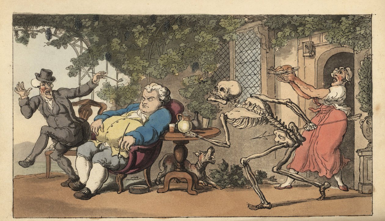 El esqueleto de la Muerte viene por Tom Higgins, un joven albañil que ha expirado esperando un plato fuera de una posada. Grabado en cobre coloreado a mano dibujado y grabado por Thomas Rowlandson de The English Dance of Death, Ackermann, Londres de Thomas Rowlandson