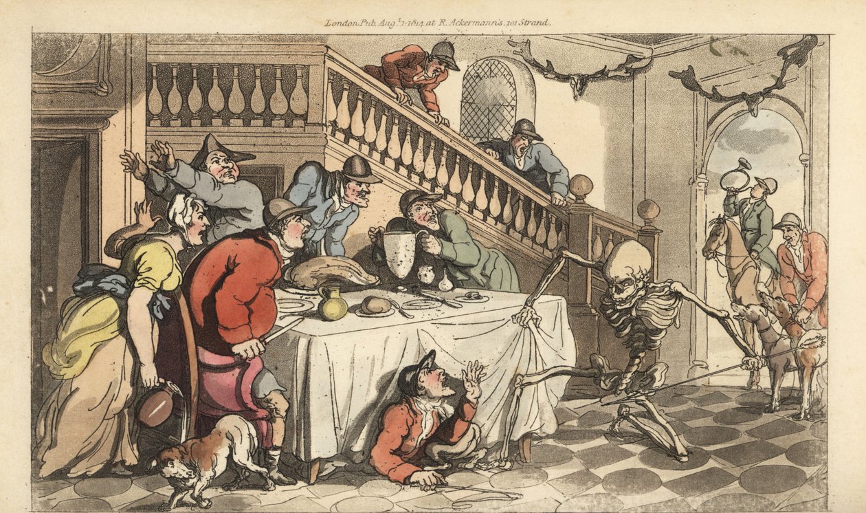El esqueleto de la Muerte viene por un cazador mientras se esconde bajo una mesa después de una cacería de zorros. Grabado en cobre coloreado a mano dibujado y grabado por Thomas Rowlandson de The English Dance of Death, Ackermann, Londres de Thomas Rowlandson