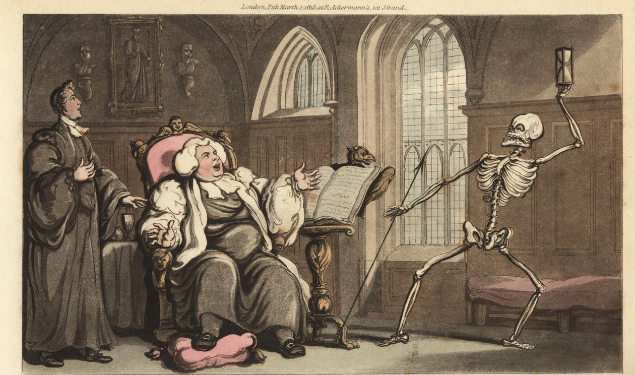 El esqueleto de la Muerte viene por el Obispo en la abadía, mientras lee la Biblia en un atril y descansa su pie gotoso en un cojín. Grabado en cobre coloreado a mano dibujado y grabado por Thomas Rowlandson de The English Dance of Death, Ackermann, Londre de Thomas Rowlandson