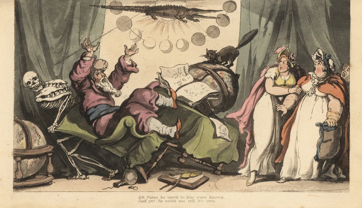 El esqueleto de la Muerte viene por el Adivino en su habitación decorada con globos planetarios, libros de astrología y un cocodrilo. Dos clientas miran aterrorizadas de Thomas Rowlandson