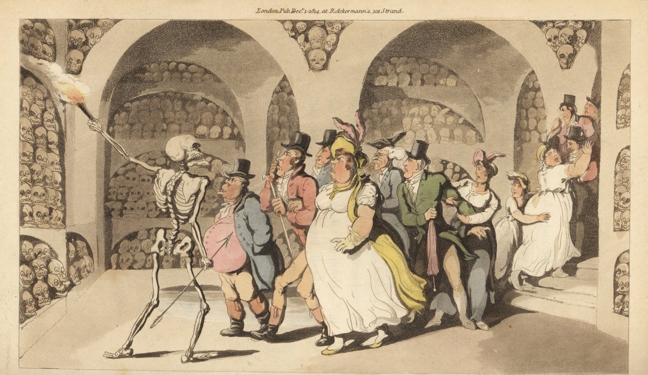 El esqueleto de la Muerte guía a un grupo de turistas por las Catacumbas de París. Grabado en cobre coloreado a mano dibujado y grabado por Thomas Rowlandson del libro The English Dance of Death, Ackermann, Londres de Thomas Rowlandson