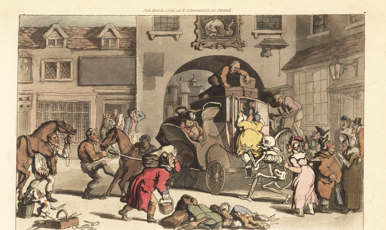 La muerte ayuda a una gran matrona a subir al último escenario fatal. Grabado en cobre coloreado a mano dibujado y grabado por Thomas Rowlandson de The English Dance of Death de Thomas Rowlandson