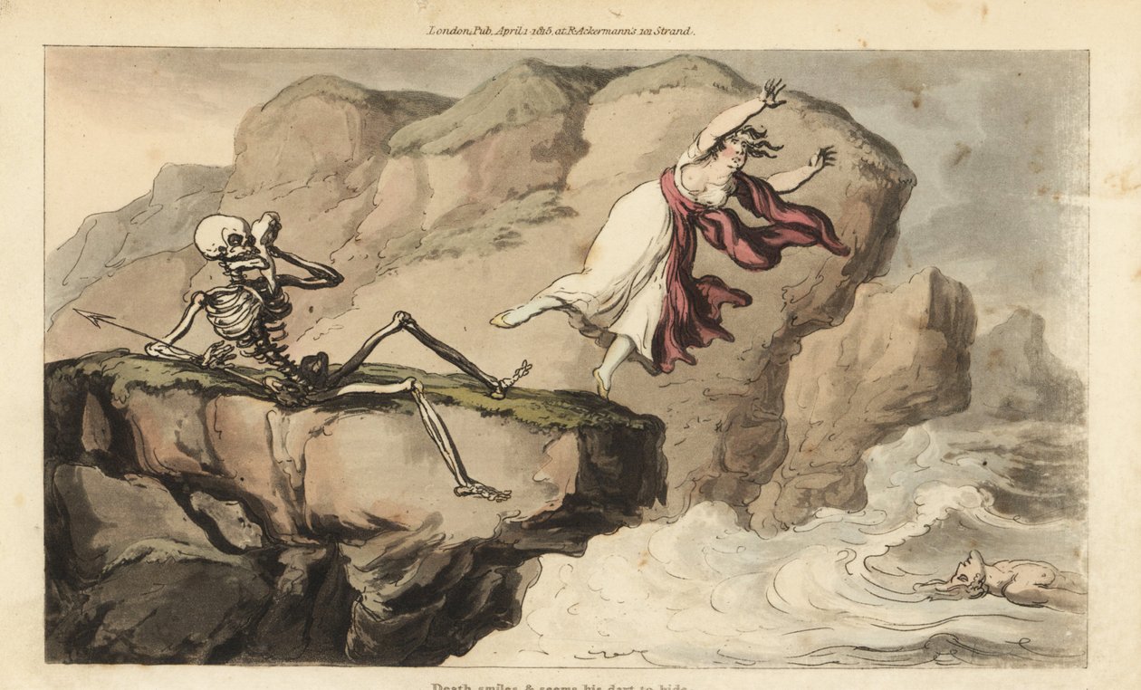 La muerte sostiene un pañuelo en su cuenca ocular mientras una mujer se suicida desde un acantilado para unirse a su amante ahogado. Grabado en cobre coloreado a mano dibujado y grabado por Thomas Rowlandson de The English Dance of Death de Thomas Rowlandson