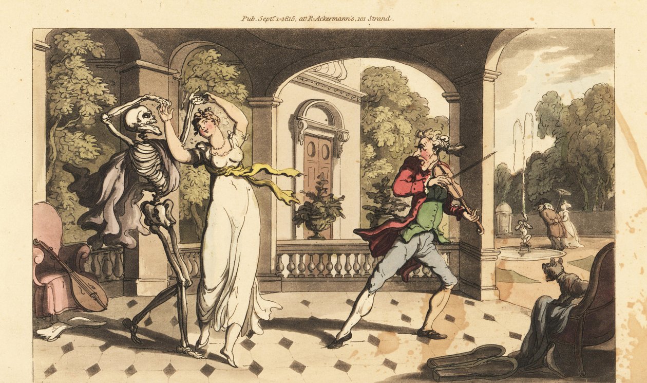 El esqueleto de la Muerte baila un último vals con la frágil Caelia, mientras su tutor de baile mira horrorizado de Thomas Rowlandson