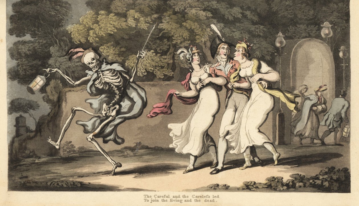 El esqueleto de la Muerte con capa y gorra baila con una linterna ante un dandi en uniforme y dos bellezas con vestidos de muselina y chales. The Careless and Careful. Grabado en cobre coloreado a mano dibujado y grabado por Thomas Rowlandson de The Englis de Thomas Rowlandson