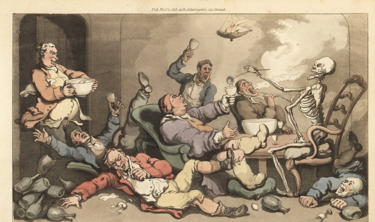 El esqueleto de la Muerte sirve ponche en un vaso de un Maestro de Ceremonias con gota en una ruidosa fiesta georgiana. Grabado en cobre coloreado a mano dibujado y grabado por Thomas Rowlandson de The English Dance of Death, Ackermann, Londres de Thomas Rowlandson